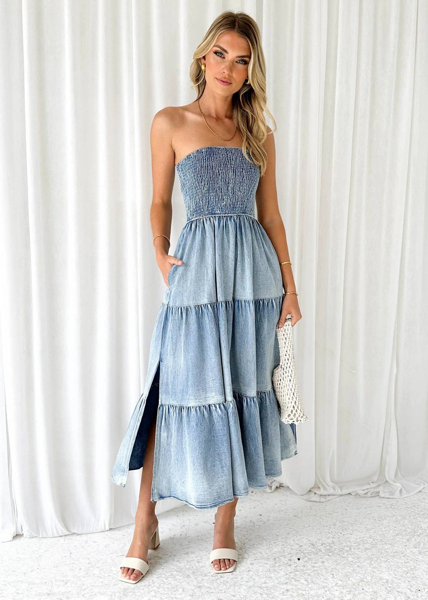 off the shoulder denim dress Off-Shoulder Hem Slit Jean Size:Youth 3 Size Conversion Size Bust FARM Rio Black Red style:Strapless Drape Dress