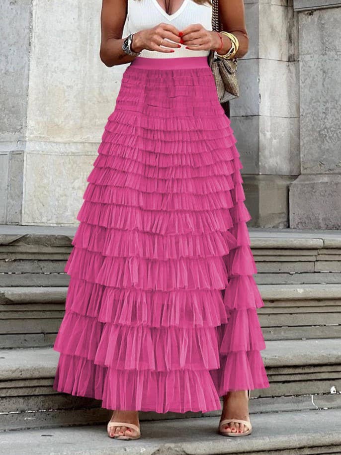 Elastic waist ruffle tulle maxi skirt