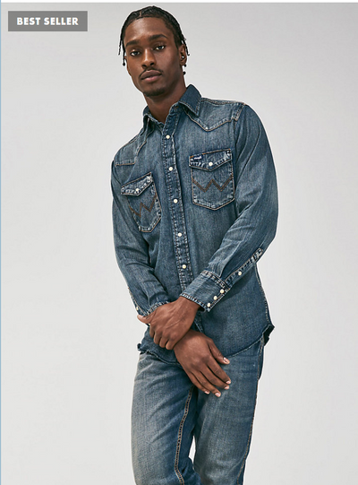 WRANGLER COWBOY CUT LONG SLEEVE WESTERN DENIM SNAP WORK SHIRT IN ANTIQUE BLUE STYLE MS1039W Mens Shirts from Wrangler