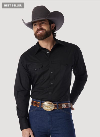 WRANGLER WESTERN SNAP SHIRT LONG SLEEVE SOLID BROADCLOTH IN BLACK STYLE 71105BK Mens Shirts from Wrangler