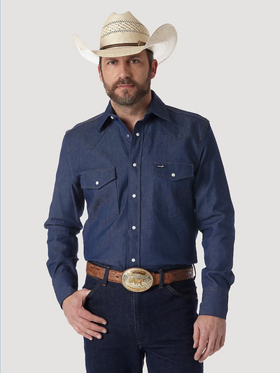 WRANGLER COWBOY CUT FIRM FINISH LONG SLEEVE WESTERN SNAP SOLID WORK SHIRT IN BLUE STYLE MS70119 Mens Shirts from Wrangler