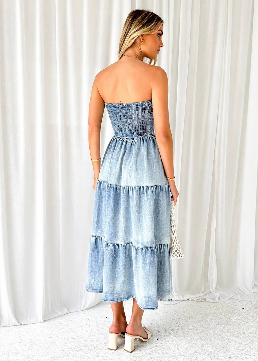 off shoulder jean dress Off-Shoulder Hem Slit 100% polyester Care instructions Women's Sleeveless Tailored Midi free people sasha maxi COLOR:WHITEWASH/BLACK