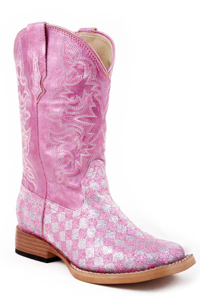 Roper Kids Boots Bling Square Toe Pink Checkerboard Glitter Style 09-018-1901-0028 Girls Boots from Roper