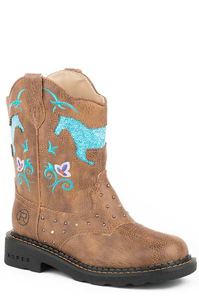 Roper Kids Horse Flowers Dazzel Lights Western Boots Style 09-018-1202-0032 Girls Boots from Roper