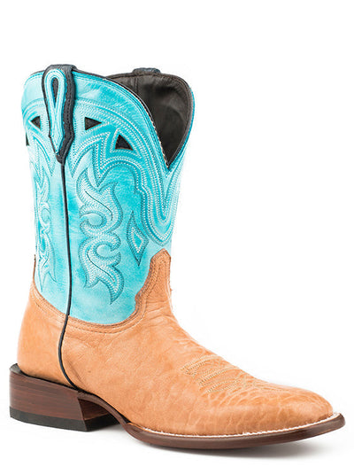 STETSON WOMENS FLORENCE TAN CALF VAMP SKY BLUE COWBOY BOOT STYLE 12-021-1850-0151 Ladies Boots from Stetson Boots and Apparel