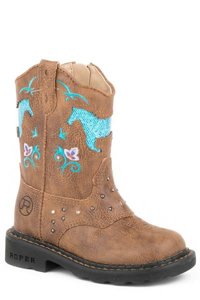 Roper Horse Flowers Infant Tan Faux Leather Light Up Girls Western Boots Style 09-017-1202-0032 Girls Boots from Roper