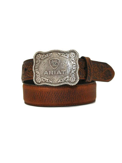 MF Western Ariat Boys Shield Logo Distressed Hand Tooled Leather Belt Style A1301002 Boys Belts from MF Western
