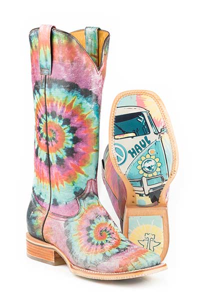 Tin Haul Womens Groovy with Tie Dye Camper Sole Cowgirl Boots Square Toe Style 14-021-0007-1275 Ladies Boots from Tin Haul