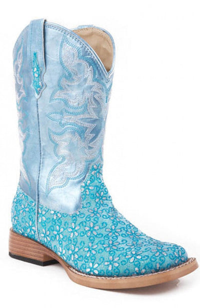 Roper Childrens Turquoise Floral Bling Square Toe Boots Style 09-018-1901-0027 Girls Boots from Roper