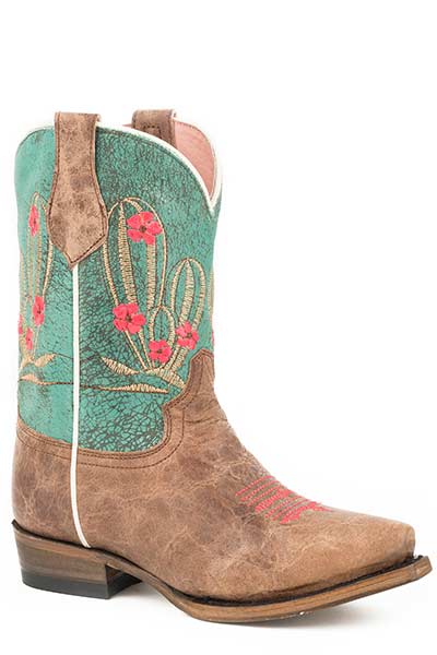 Roper Girls Cactus Cutie Burnished Brown/Turquoise Cowgirl Snip Toe Boots Style 09-018-7622-1435 Girls Boots from Roper