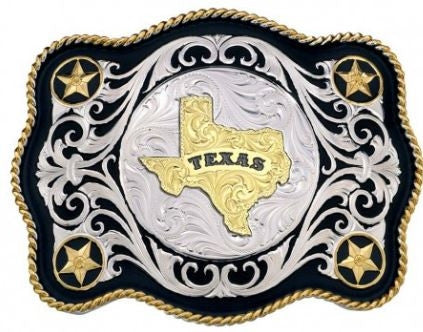 Initial Silver Engraved Gold Trim Western Belt Buckle by Montana