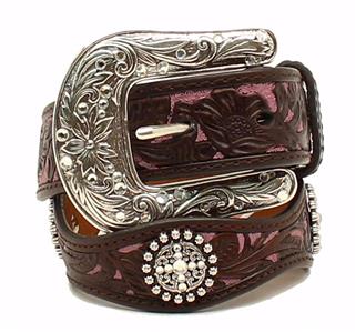 MF Western Ariat Girls Floral Overlay Brown & Pink Leather Belt Style A1301802 Girls Belts from MF Western