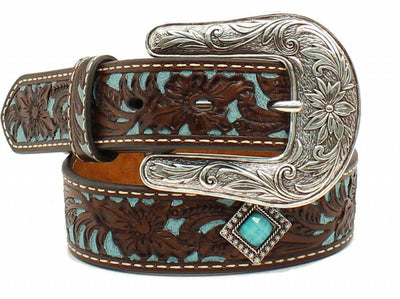 MF Western Ariat Western Girls Belt Leather Tooled Floral Conchos Brown/Turq Style A1302402 Girls Belts from MF Western