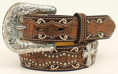MF Western Ariat Girls Brown Croc Print Cross Leather Belt Style A1302802 Girls Belts from MF Western