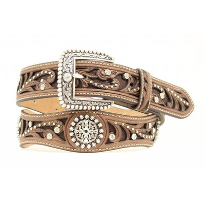 MF Western Ariat Brown Scroll Inlay with Crystals Women's Scalloped Belt Style A1513002 Ladies Belts from MF Western