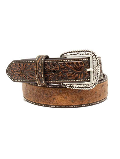 MF Western Ariat Mens Ostrich Print Tooled Tab Belt Style A1017202 MENS ACCESSORIES from MF Western