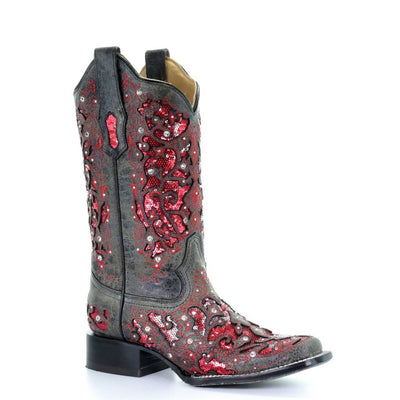 Corral Ladies Grey Red Glitter Inlay Crystals Square Toe Boots Style A3647 Ladies Boots from Corral Boots