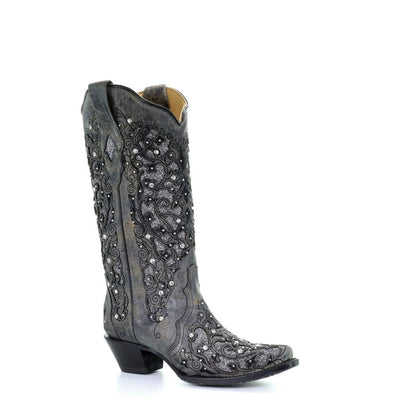Corral Ladies Grey Glitter Inlay/Crystals Sniped Toe Boot Style A3672 Ladies Boots from Corral Boots