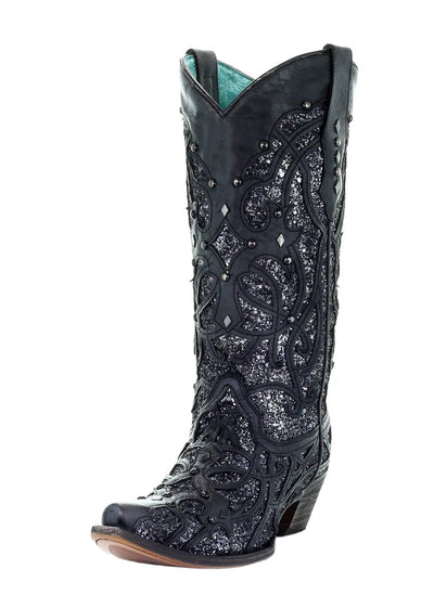 Corral Black Glitter Inlay and Studs Snip Toe Style C3423 Ladies Boots from Corral Boots