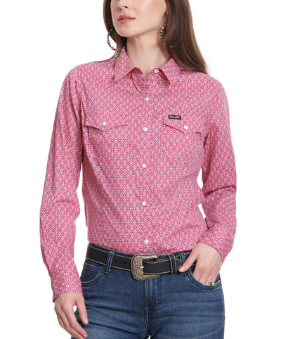 WRANGLER LADIES LONG SLEEVE DARK PINK AND WHITE WESTERN SNAP TOP STYLE 112345407(Copy) Ladies Shirts from Wrangler