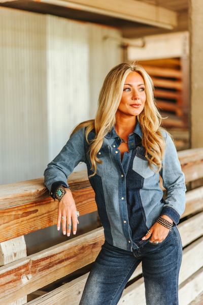 Denim Multi Contrast Button Down Shirt  from LUCKY & BLESSED
