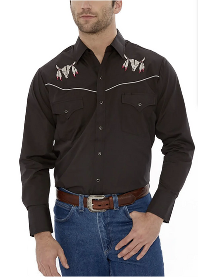 Ely Mens Long Sleeve Western Snap Shirt with Cow Skull Embroidery Style 15203919-89 Mens Shirts from Ely