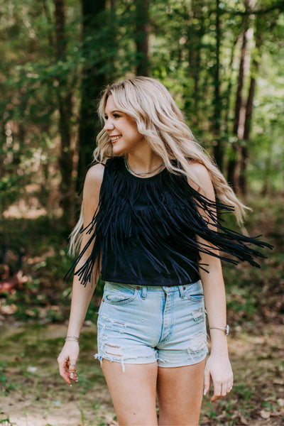 MK373 Suede Fringe Top -Black Ladies Shirts from Merigold Kiss