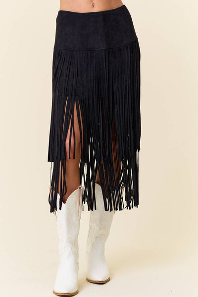 SIS1169A BLACK TIERED FAUX SUEDE FRINGE MIDI SKIRT  from Saints & Hearts