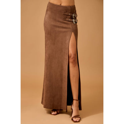 Faux Suede Maxi Skirt with High Slit and Double Buckles  from SKYLAR ROSE