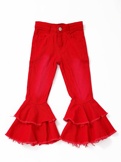 Red Double Layer Girls Bell Bottom Jeans  from sassy kids palace