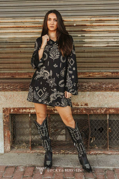 Black Western Floral V Neck Collared Mesh W Lining Dress Ladies Dresses/Skirts from LUCKY & BLESSED