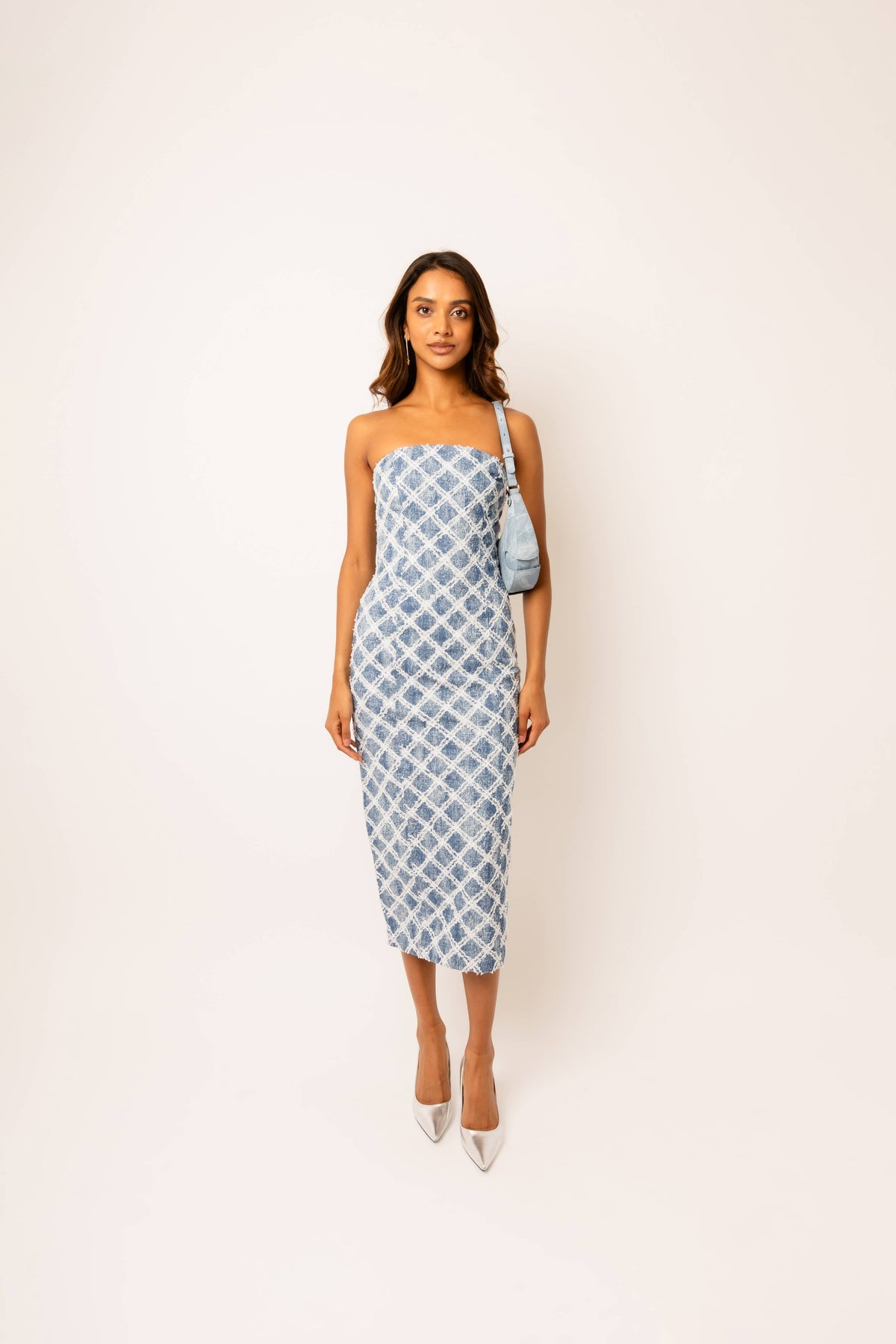 denim bandeau dress Bleached Blue boohoo Denim Bandeau Mini Dress