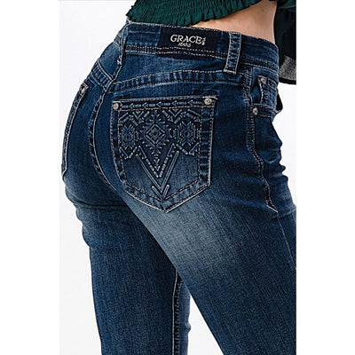 Grace in LA Women's Plus Medium Wash 3D Aztec Pocket Design Bootcut Jeans Style PB61702 Ladies Jeans from Grace in LA