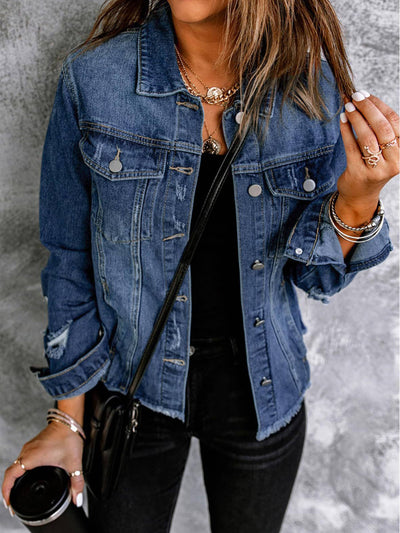 Flip Collar Long Sleeved Washed Short Denim Jacket  from Wholesalesir
