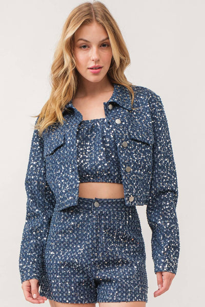 IJ2887- Sequin embellished distressed blue denim jacket  from KIWI