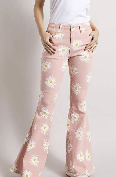 BOHO DAISY PRINT BELL BOTTOM JEANS  from WISTERIA LANE