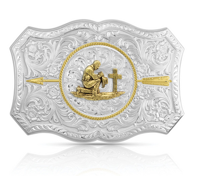 Montana Silversmith Your Arrow Buckle with Praying Cowboy Style 45710-917M- Premium MENS ACCESSORIES from Montana Silversmith Shop now at HAYLOFT WESTERN WEARfor Cowboy Boots, Cowboy Hats and Western Apparel