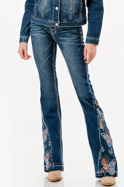 Butterfly Embroidery Mid-Rise Baby Flare | EL-61881 Ladies Jeans from Grace in LA