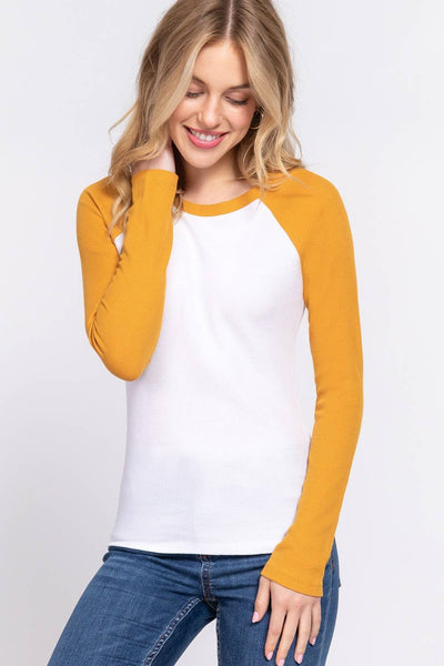 Long Raglan Sleeve Color Block Thermal Knit Top  from Active Basic | Active USA
