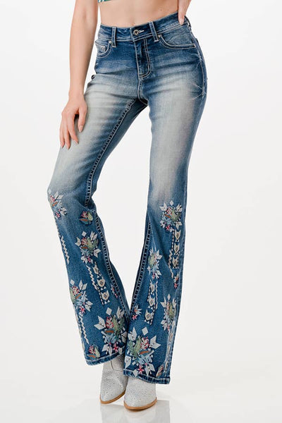 Floral Embroidery High-Waist Flare 32" | HL-61840 Ladies Jeans from Grace in LA