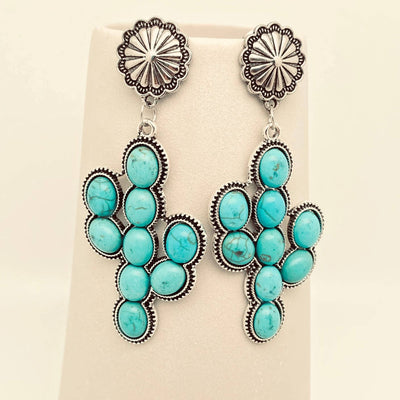 Western Style Turquoise Cactus Pendant Post Earrings - WJ Ladies Jewelry from Mio Queena