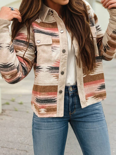 Western Striped Patchwork Double Flap Pocket Raw Hem Shacket  from 1 the Woman