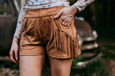 MK265 Holy Moly Vegan Suede Fringe Shorts - Brown Ladies Shorts from Merigold Kiss