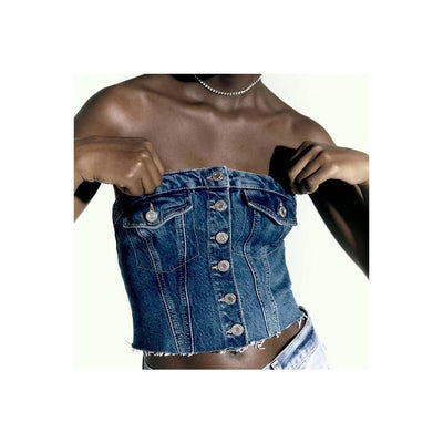 Washed Denim Corset Tube Top Sweet Sleeveless Top Ladies Shirts from Paperdoll