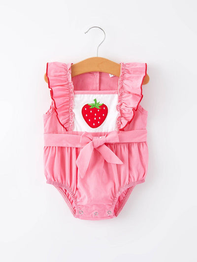 Strawberry Applique Flying Sleeves Girls' Romper  from Rylee Faith Designs