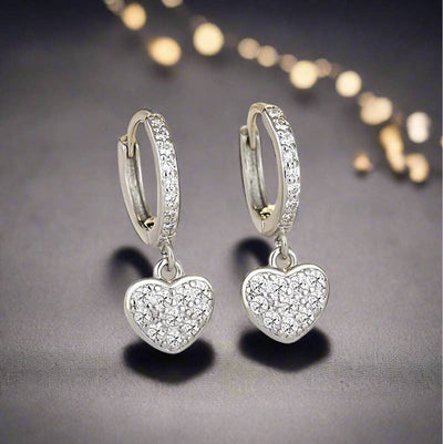 Sterling Silver Heart Shaped Earrings Set with Diamonds Ladies Jewelry from WoodWristCo