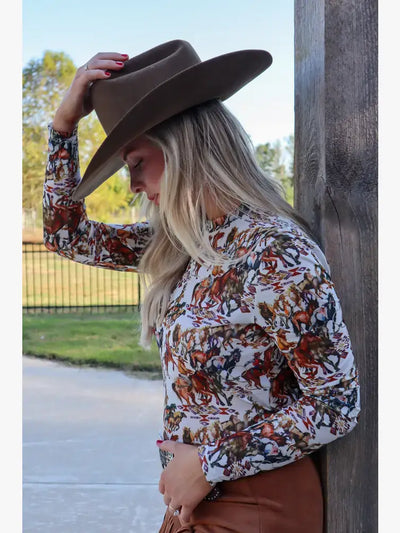 MK165 Buckaroo Long Sleeve Mesh Top - Cowboy - PLUS  from Merigold Kiss