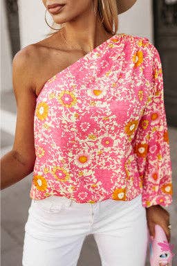 Pink Floral One Shoulder Pleated Bubble Sleeve Blouse  from Trendi Lady