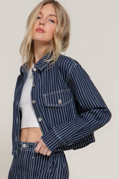 Button Down Stripe Denim Short Jacket  from Active Basic | Active USA