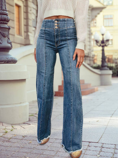 High Waist Button Fly Seamed Raw Hem Flare Jeans  from 1 the Woman